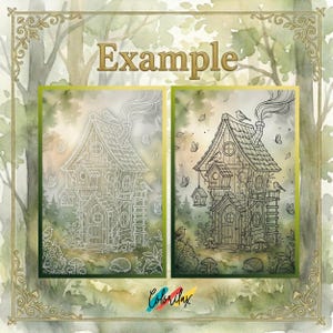 May include: A whimsical illustration of a fairy house with a chimney, birds, and butterflies. The image has a watercolor background and the word "Example" in gold lettering. The image also includes the word "Colorilax".