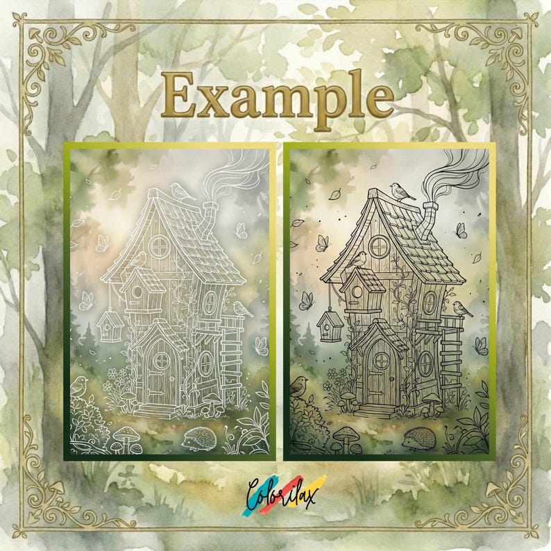 May include: A whimsical illustration of a fairy house with a chimney, birds, and butterflies. The image has a watercolor background and the word "Example" in gold lettering. The image also includes the word "Colorilax".