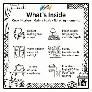 50 Cozy House Retreat Cozy Home Monochrome Coloring Pages Adult Coloring Printable Instant Download Stress Relief Mindfulness image 3