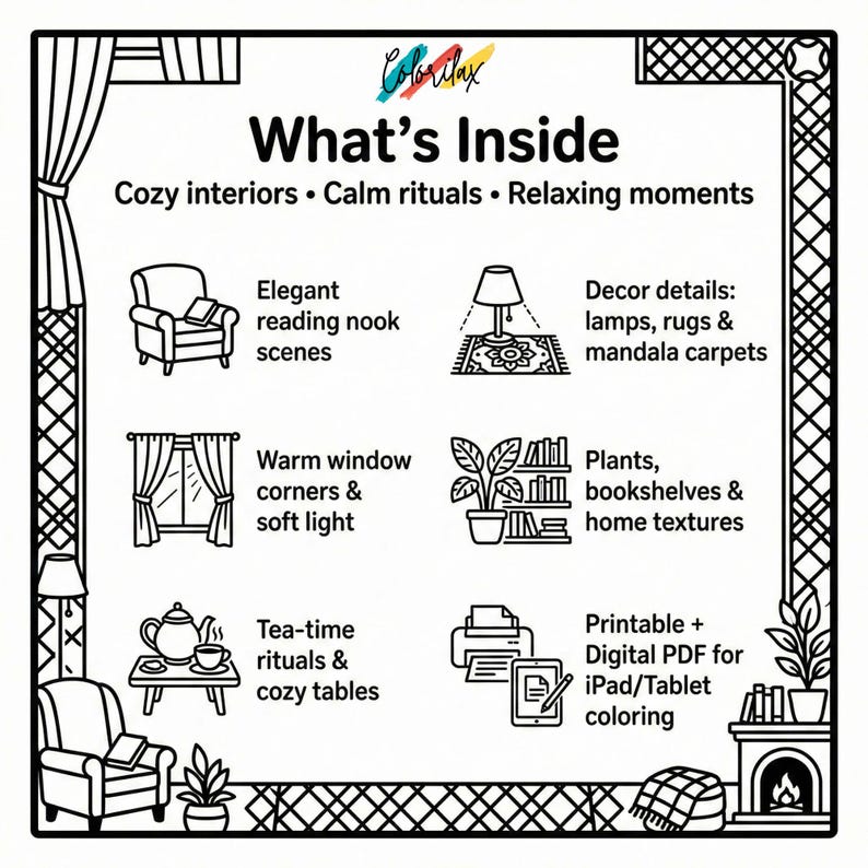 50 Cozy House Retreat Cozy Home Monochrome Coloring Pages Adult Coloring Printable Instant Download Stress Relief Mindfulness image 3