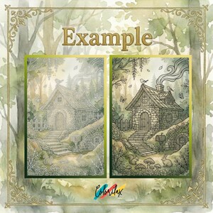 May include: A watercolor illustration featuring a detailed drawing of a cottage in a forest setting. The image includes the word "Example" in gold lettering. The cottage has a stone facade, a smoking chimney, and is surrounded by trees and wildlife.