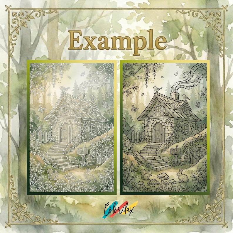 May include: A watercolor illustration featuring a detailed drawing of a cottage in a forest setting. The image includes the word "Example" in gold lettering. The cottage has a stone facade, a smoking chimney, and is surrounded by trees and wildlife.