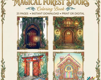 35 páginas para colorear de puertas mágicas del bosque. Para adultos, imprimibles, descarga instantánea, fantasía, naturaleza, alivio del estrés, mindfulness, arte.
