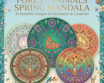 Puede incluir: Portada del libro titulada "Forest Animals Spring Mandala" con 35 diseños para la relajación y la creatividad. La portada presenta cinco diseños de mandala circulares con ilustraciones de animales del bosque en varios colores, incluyendo ciervos, conejos y patrones florales.