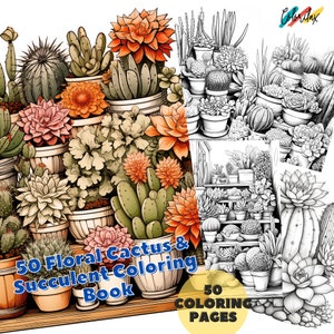 50 Floral Cactus & Succulent, Floral Cactus Coloring Book for Adults and Children. Grayscale Printable PDF Coloring Pages. Instant Download
