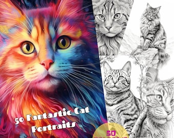 50 Fantastic Cat Portraits Coloring Pages for Adults, Printable, Unique Designs for Stress Relief Creativity, Digital Download, Instant PDF