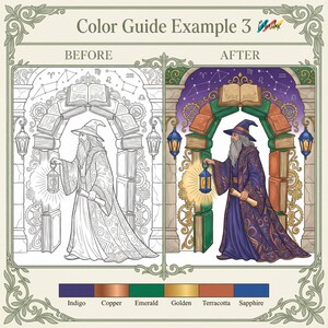 Pu&ograve; includere: Immagine dell'esempio 3 della guida ai colori. Illustrazione dettagliata di un mago che tiene in mano una lanterna, in piedi in un arco fiancheggiato da libri. L'immagine &egrave; divisa, mostrando un esempio di colorazione prima e dopo. L'immagine successiva &egrave; colorata con indaco, rame, smeraldo, oro, terracotta e zaffiro.