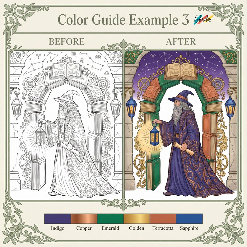 Pu&ograve; includere: Immagine dell'esempio 3 della guida ai colori. Illustrazione dettagliata di un mago che tiene in mano una lanterna, in piedi in un arco fiancheggiato da libri. L'immagine &egrave; divisa, mostrando un esempio di colorazione prima e dopo. L'immagine successiva &egrave; colorata con indaco, rame, smeraldo, oro, terracotta e zaffiro.