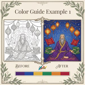 Pu&ograve; includere: Illustrazione di un esempio di guida ai colori, con un confronto prima/dopo. L'immagine presenta una figura in meditazione in una veste, circondata da libri e lanterne. Il testo "Color Guide Example 1" &egrave; in alto.