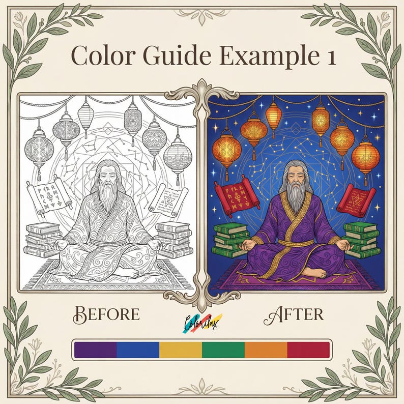 Pu&ograve; includere: Illustrazione di un esempio di guida ai colori, con un confronto prima/dopo. L'immagine presenta una figura in meditazione in una veste, circondata da libri e lanterne. Il testo "Color Guide Example 1" &egrave; in alto.