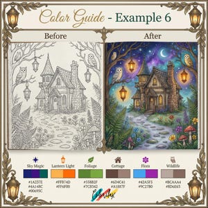 Puede incluir: Un ejemplo de gu&iacute;a de color con una ilustraci&oacute;n de antes y despu&eacute;s de una escena de caba&ntilde;a. La imagen "Antes" es un dibujo lineal en blanco y negro. La imagen "Despu&eacute;s" es una versi&oacute;n coloreada con una caba&ntilde;a, b&uacute;hos y linternas. La paleta de colores se muestra debajo.