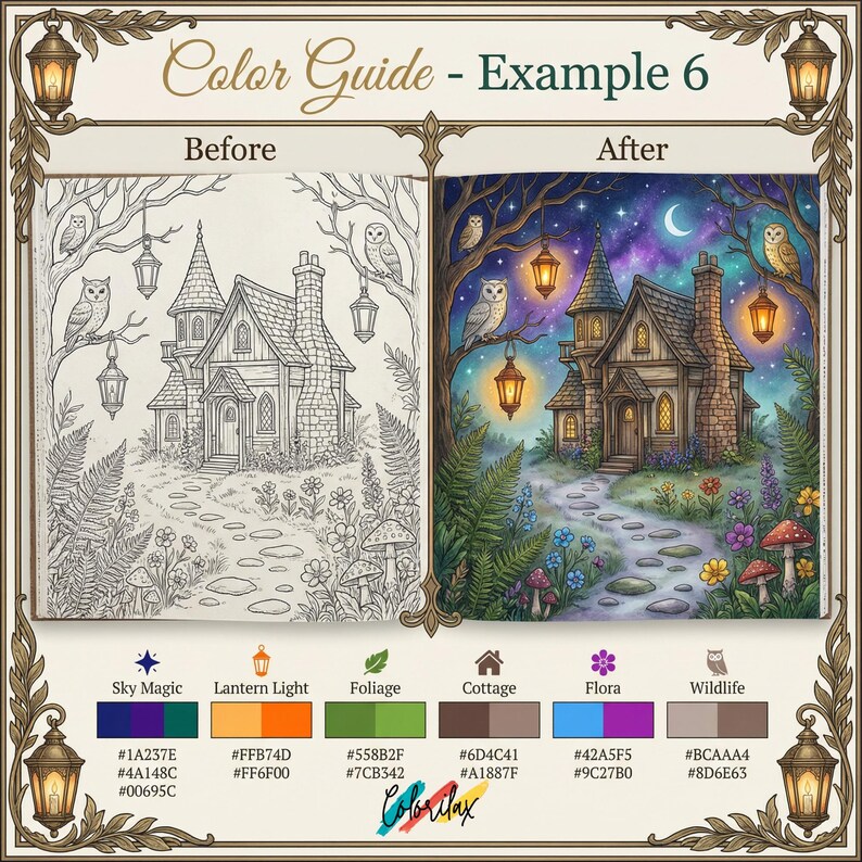 Puede incluir: Un ejemplo de gu&iacute;a de color con una ilustraci&oacute;n de antes y despu&eacute;s de una escena de caba&ntilde;a. La imagen "Antes" es un dibujo lineal en blanco y negro. La imagen "Despu&eacute;s" es una versi&oacute;n coloreada con una caba&ntilde;a, b&uacute;hos y linternas. La paleta de colores se muestra debajo.