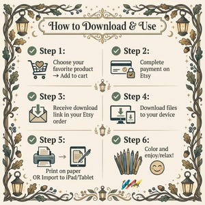 Puede incluir: Una gu&iacute;a ilustrada titulada "C&oacute;mo descargar y usar" con pasos para comprar y usar productos digitales. Los pasos incluyen agregar al carrito, completar el pago, recibir un enlace de descarga, descargar archivos, imprimir y colorear.