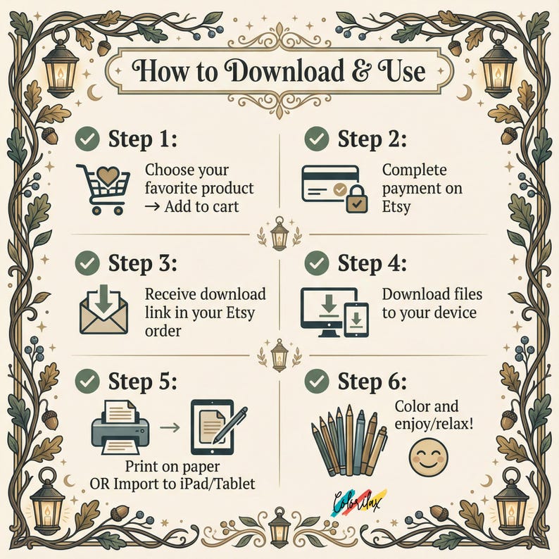 Puede incluir: Una gu&iacute;a ilustrada titulada "C&oacute;mo descargar y usar" con pasos para comprar y usar productos digitales. Los pasos incluyen agregar al carrito, completar el pago, recibir un enlace de descarga, descargar archivos, imprimir y colorear.
