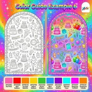 May include: A colorful illustration with the text "Color Guide Example 6". The image features two arched panels filled with birthday-themed drawings, including cakes, balloons, and confetti. A color palette with color names and hex codes is at the bottom.