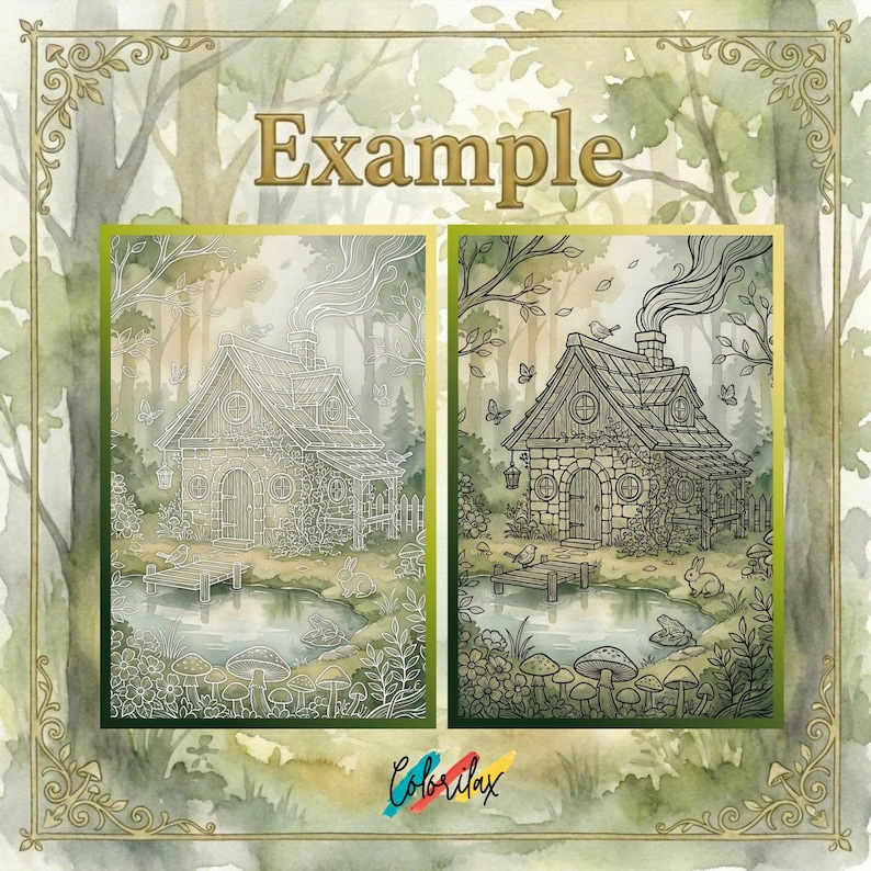 May include: Two detailed illustrations of a cottage in a forest setting. One is a line drawing, the other is a completed image with color. The word "Example" is at the top. The bottom of the image has the word "Colorilax".