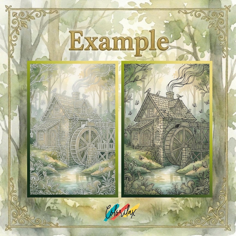 May include: A watercolor illustration featuring a quaint stone cottage with a water wheel, set in a forest scene. The image includes the word "Example" in gold lettering and the "Colorilax" logo. The artwork is framed with a decorative border.
