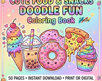 50 Cute Food & Snacks Doodle Fun Cute Food Coloring Pages Kids Coloring Printable Learn to Color Instant Download