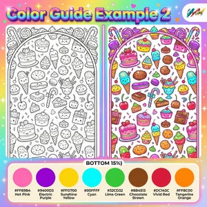 May include: A coloring page with a sweets theme, featuring cakes, ice cream, and candies. The image is divided into two sections: one black and white, the other colored. The text "Color Guide Example 2" is at the top, with a color palette at the bottom.
