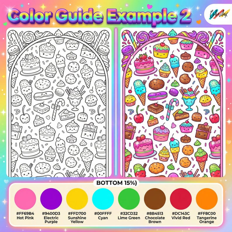 May include: A coloring page with a sweets theme, featuring cakes, ice cream, and candies. The image is divided into two sections: one black and white, the other colored. The text "Color Guide Example 2" is at the top, with a color palette at the bottom.