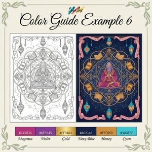 Pu&ograve; includere: Esempio di pagina da colorare con un'illustrazione di mago. L'immagine mostra una versione in bianco e nero e una versione a colori con magenta, viola, oro, blu navy, miele e ciano. Il testo "Color Guide Example 6" &egrave; visibile.