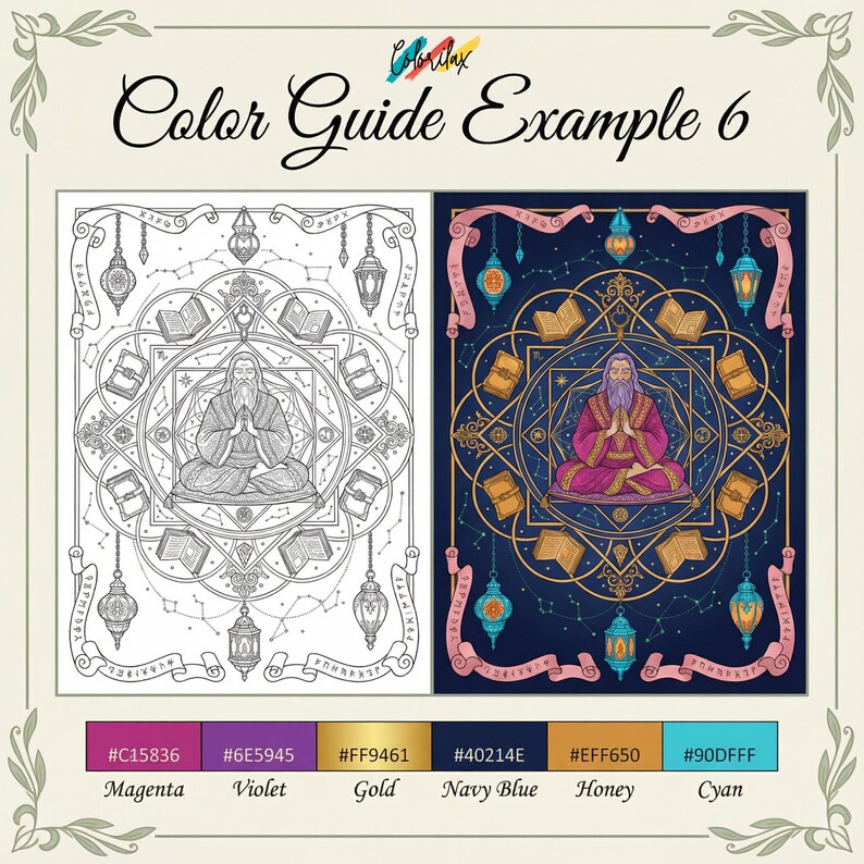 Pu&ograve; includere: Esempio di pagina da colorare con un'illustrazione di mago. L'immagine mostra una versione in bianco e nero e una versione a colori con magenta, viola, oro, blu navy, miele e ciano. Il testo "Color Guide Example 6" &egrave; visibile.
