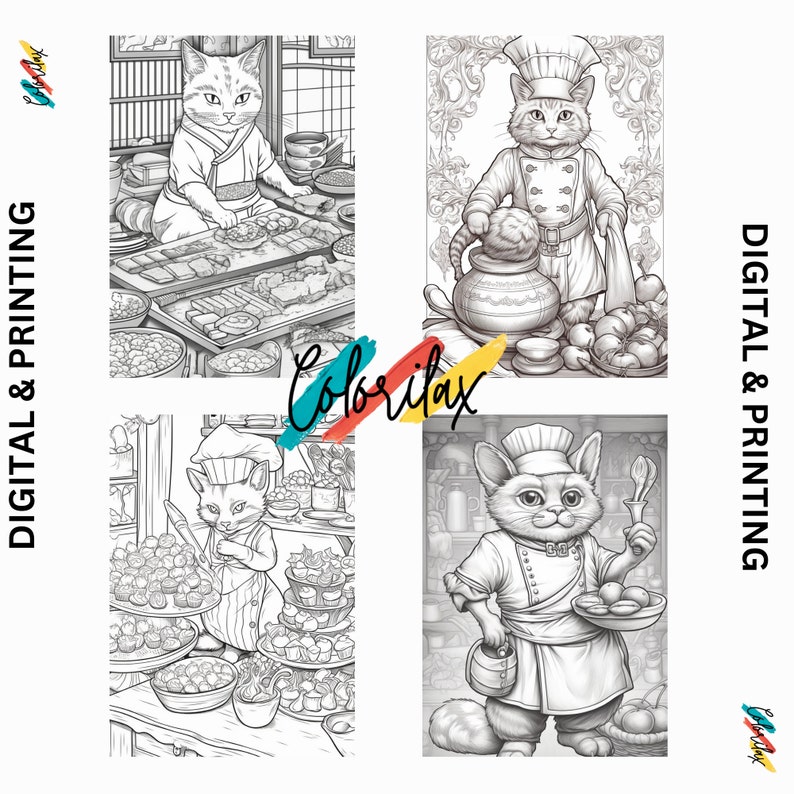 50 Master Chef Cats Coloring Pages, Adults & Childs Coloring Book