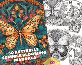 50 Schmetterling Sommer Blühende Mandala Färbung | Ausmalbilder | Mandala Malvorlagen | Ausmalbilder Erwachsene | Druckbare Malvorlagen