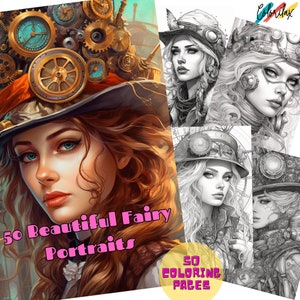50 Steampunk Schöne Mädchen Portrait Malbuch für Erwachsene und Kinder. Graustufen druckbare PDF Malseiten. Sofortiger Download