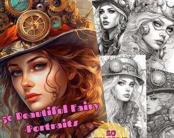 50 Steampunk Beautiful Girls Portrait Coloring Book for Adults and Children. Grayscale Printable PDF Coloring Pages. Instant download