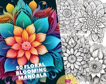 50 Floral Blooming Mandala Coloring Book for Adults and Children. Grayscale Printable PDF Coloring Pages. Instant download