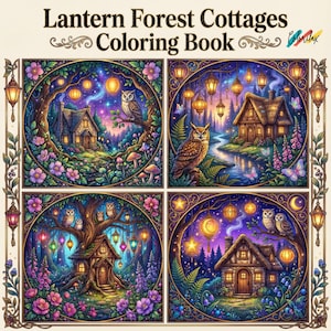 Puede incluir: Un libro para colorear titulado "Lantern Forest Cottages" presenta cuatro ilustraciones detalladas de caba&ntilde;as caprichosas en un entorno forestal. Cada escena incluye b&uacute;hos, linternas y elementos florales vibrantes, con un tema de fantas&iacute;a.