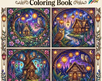35 páginas para colorear de cabañas en el bosque con faroles. Páginas para colorear para adultos. Descarga instantánea.