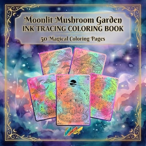 50 páginas para colorir com desenho de jardim de cogumelos ao luar - Livro de colorir para adultos - Download digital para impressão - Alívio do estresse - Presente de mindfulness