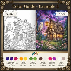 Puede incluir: Un ejemplo de gu&iacute;a de color que muestra una p&aacute;gina para colorear de antes y despu&eacute;s. La imagen del antes es un dibujo lineal en blanco y negro de una caba&ntilde;a y un b&uacute;ho. La imagen del despu&eacute;s es una versi&oacute;n coloreada de la caba&ntilde;a y el b&uacute;ho con un fondo de cielo nocturno.