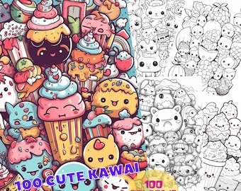 100 Cute Kawai Blooming Coloring Book for Adults and Children. Grayscale Printable PDF Coloring Pages. Instant download. Kids Coloring Pages