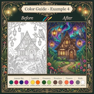 Puede incluir: Una gu&iacute;a de color para una p&aacute;gina de libro para colorear, que muestra un ejemplo de antes y despu&eacute;s de una escena de caba&ntilde;a caprichosa. La imagen "Despu&eacute;s" presenta un cielo colorido de aurora boreal, linternas brillantes y flores vibrantes. El texto "Color Guide - Example 4" est&aacute; en la parte superior.