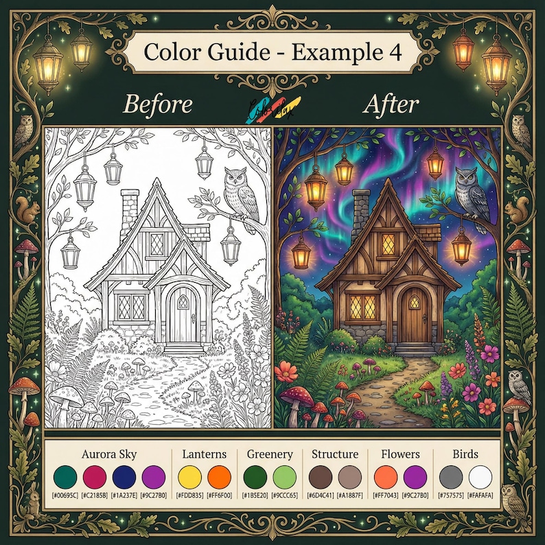 Puede incluir: Una gu&iacute;a de color para una p&aacute;gina de libro para colorear, que muestra un ejemplo de antes y despu&eacute;s de una escena de caba&ntilde;a caprichosa. La imagen "Despu&eacute;s" presenta un cielo colorido de aurora boreal, linternas brillantes y flores vibrantes. El texto "Color Guide - Example 4" est&aacute; en la parte superior.