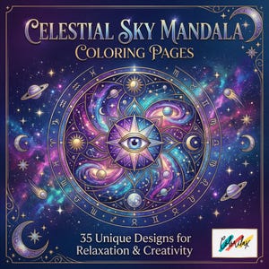 Puede incluir: Un libro para colorear Celestial Sky Mandala con un diseño cósmico vibrante. La portada presenta un mandala central con un ojo, rodeado de planetas, estrellas y símbolos del zodiaco. El texto dice "Celestial Sky Mandala Coloring Pages" y "35 Unique Designs for Relaxation & Creativity."