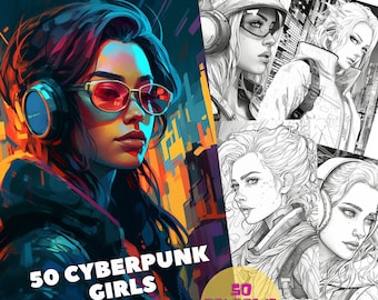 50 Cyberpunk Girls Coloring Book for Adults and Children. Grayscale Printable PDF Coloring Pages. Instant download