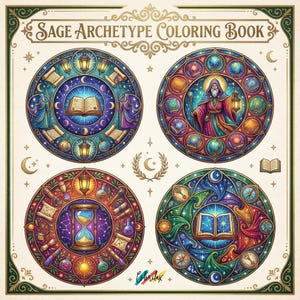 Pu&ograve; includere: Un libro da colorare intitolato "Sage Archetype Coloring Book" con quattro disegni circolari con illustrazioni complesse. Ogni disegno &egrave; un'immagine in stile vetrata con temi celesti e mistici, tra cui libri, clessidre e un mago. La tavolozza dei colori comprende blu, verdi e viola.