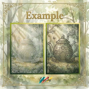 May include: Two illustrations of a whimsical teapot house with a door, windows, and a chimney, surrounded by a fence, birds, and mushrooms. The word "Example" is written in gold. The illustrations are set against a watercolor forest background.