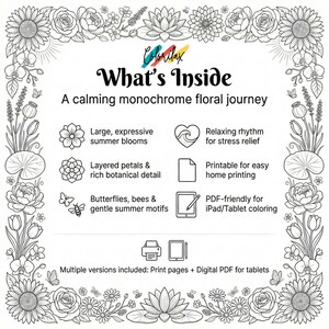 50 Summer Flowers Blossom MonoChrome Coloring Pages Adult Coloring Book Printable Plants Leaves Instant Download Stress Relief PDF image 2