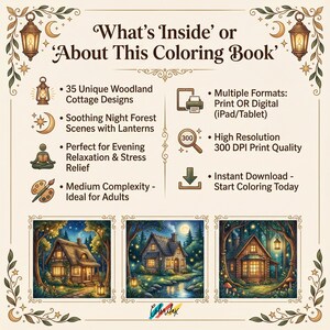 Puede incluir: Portada de un libro para colorear digital con el t&iacute;tulo "What's Inside' or 'About This Coloring Book'". La imagen presenta ilustraciones de caba&ntilde;as del bosque, linternas y texto que destaca caracter&iacute;sticas como 35 dise&ntilde;os &uacute;nicos, alta resoluci&oacute;n y descarga instant&aacute;nea.