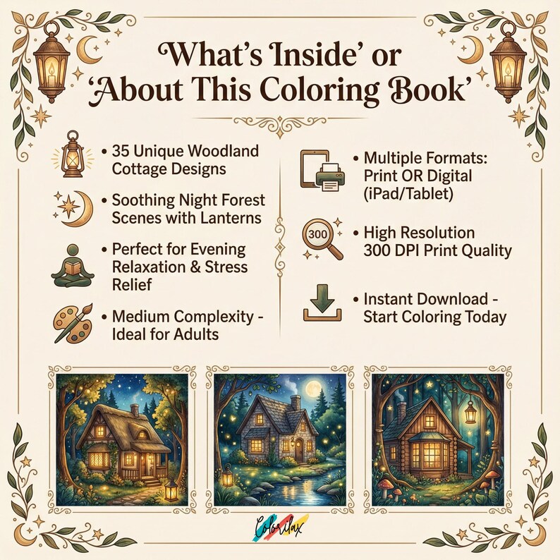 Puede incluir: Portada de un libro para colorear digital con el t&iacute;tulo "What's Inside' or 'About This Coloring Book'". La imagen presenta ilustraciones de caba&ntilde;as del bosque, linternas y texto que destaca caracter&iacute;sticas como 35 dise&ntilde;os &uacute;nicos, alta resoluci&oacute;n y descarga instant&aacute;nea.