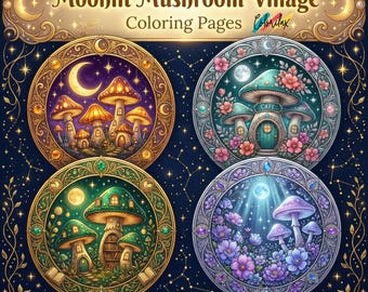 35 páginas para colorear de Moonlit Mushroom Village para adultos, imprimibles, descarga instantánea, arte de fantasía acogedor.