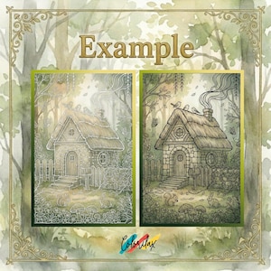 May include: A detailed illustration of a cottage with a thatched roof, surrounded by a forest. The image features a stone cottage with a chimney, a wooden door, and a small fence. The word "Example" is at the top.
