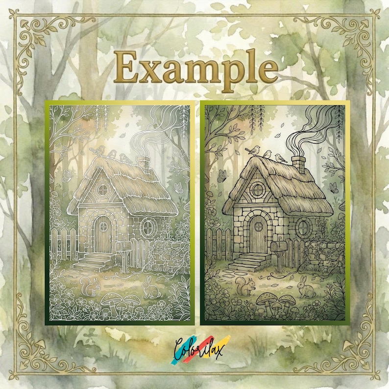 May include: A detailed illustration of a cottage with a thatched roof, surrounded by a forest. The image features a stone cottage with a chimney, a wooden door, and a small fence. The word "Example" is at the top.