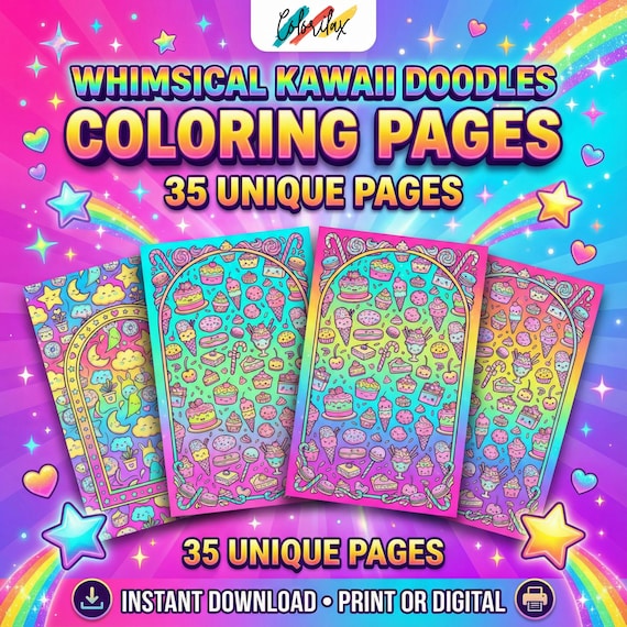 35 Whimsical Kawaii Doodle Coloring Pages Adult Coloring Printable Instant Download Stress Relief Book