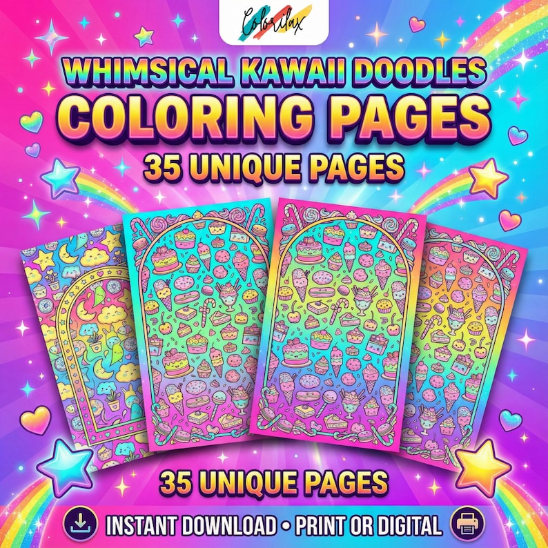 May include: Four colorful coloring pages with whimsical kawaii doodles. The pages feature illustrations of desserts, moons, and stars. The text reads "Whimsical Kawaii Doodles Coloring Pages" and "35 Unique Pages". The image also includes the text "Instant Download &bull; Print or Digital".